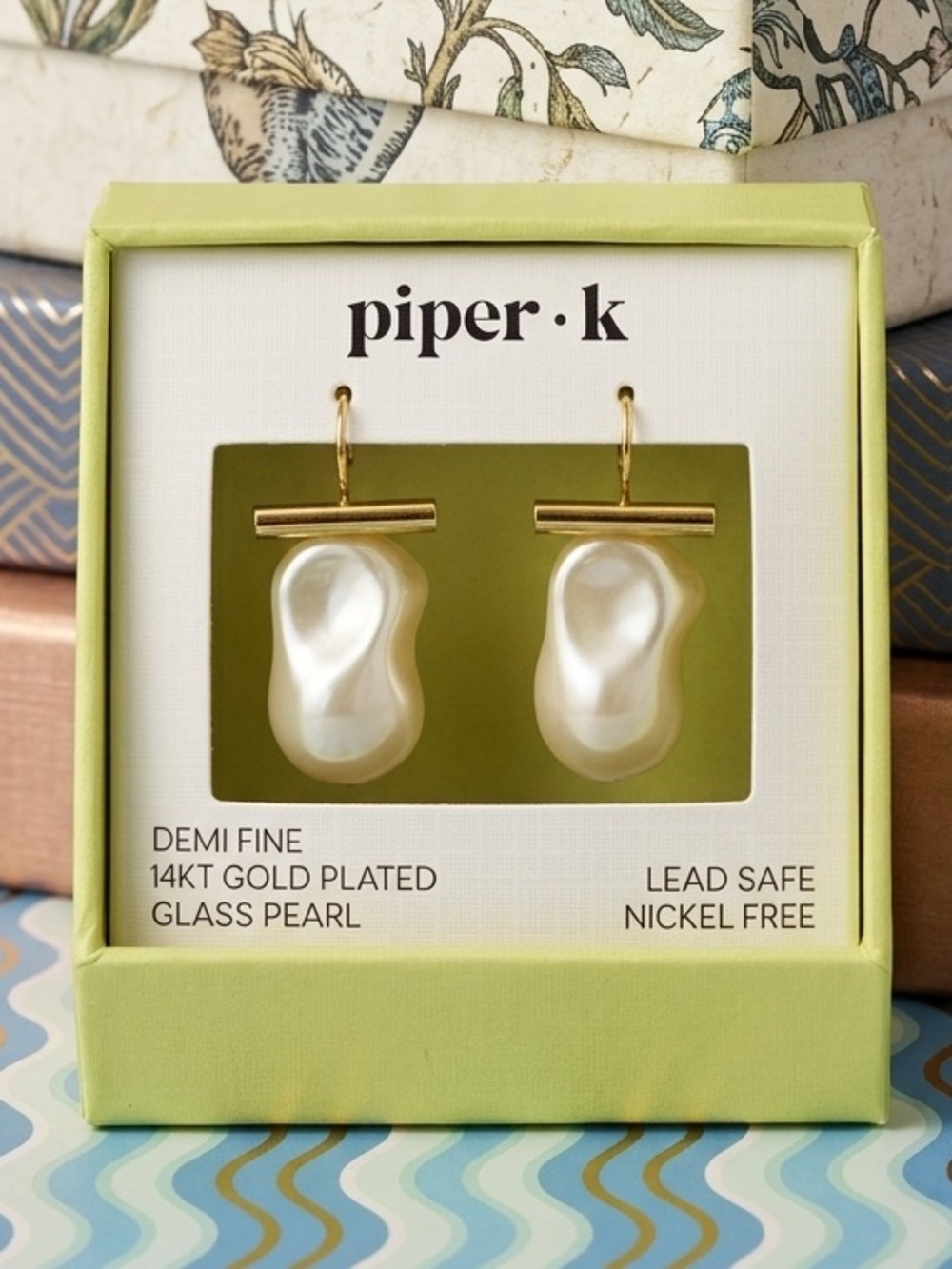 piper k 14KT Gold Plated Bar Glass Pearl Drop Earrings in Pearl White NIB
